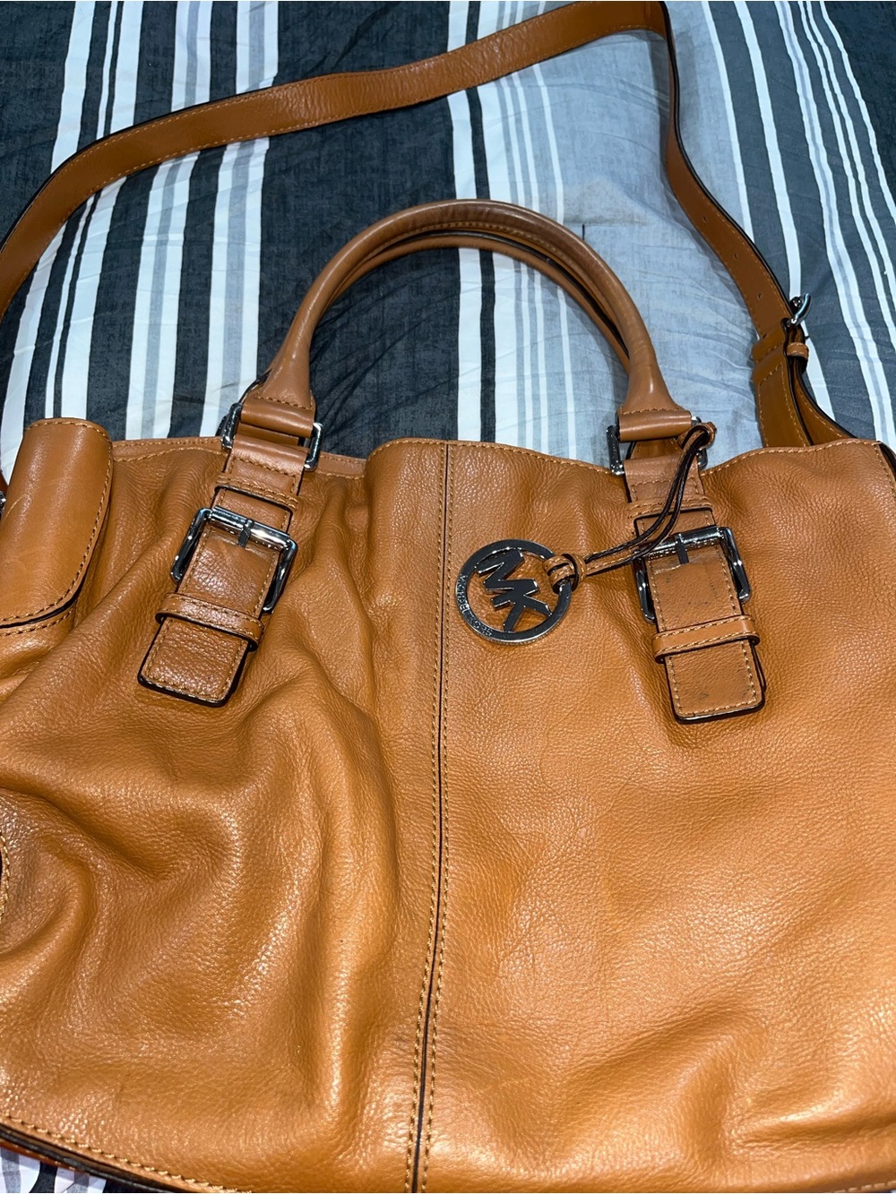 Michael Kors Cognac Leather Shoulder Bag with MK Logo Charm
